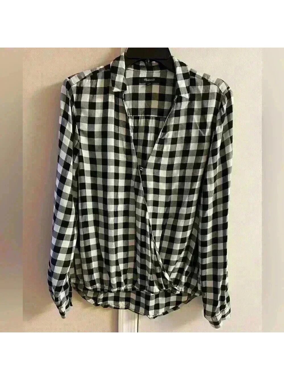 Madewell blouse gingham checkered crossover long sleeve Medium